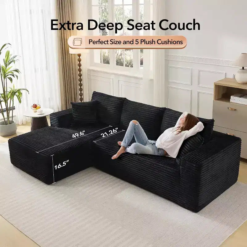 108'' L-Shaped Modular Sectional Sofa  Modern Corduroy Couch, Deep Soft Boneless Seat, Right Chaise, No Assembly, Living Room Furniture