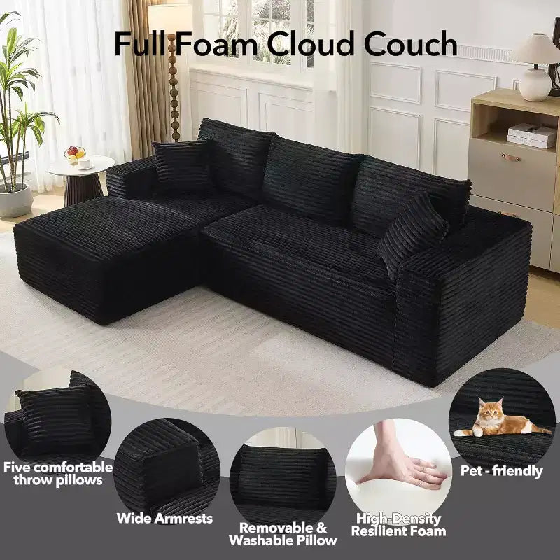 108'' L-Shaped Modular Sectional Sofa  Modern Corduroy Couch, Deep Soft Boneless Seat, Right Chaise, No Assembly, Living Room Furniture