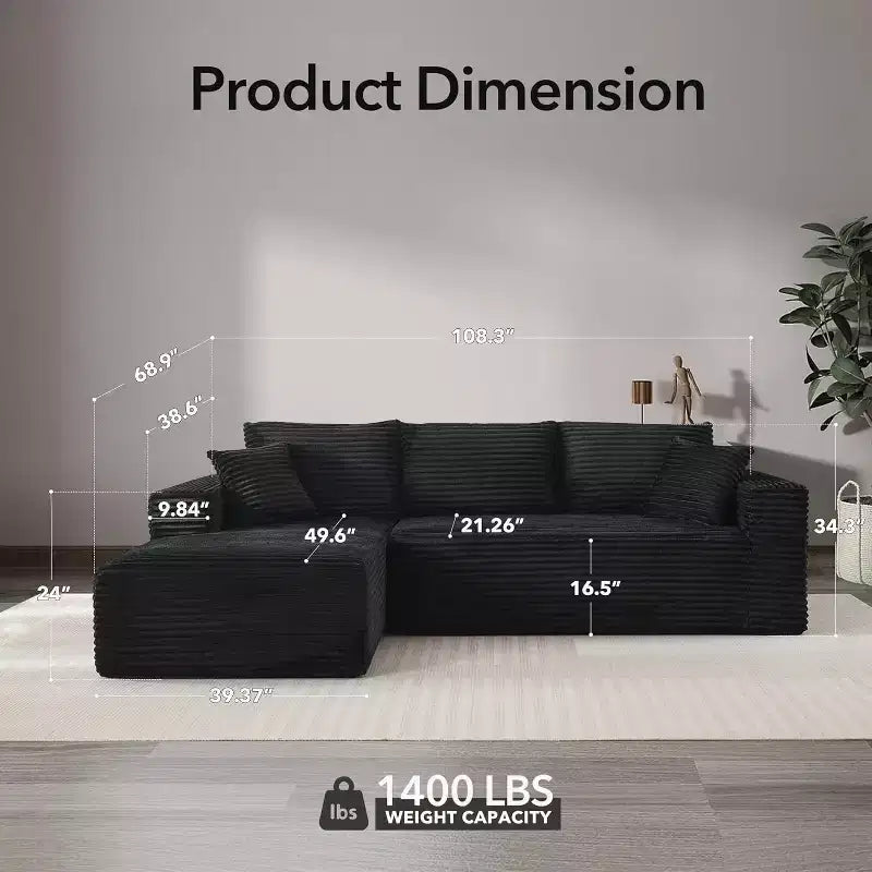 108'' L-Shaped Modular Sectional Sofa  Modern Corduroy Couch, Deep Soft Boneless Seat, Right Chaise, No Assembly, Living Room Furniture