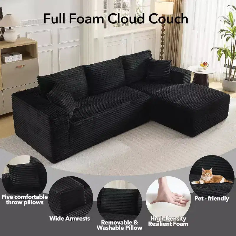 108'' L-Shaped Modular Sectional Sofa  Modern Corduroy Couch, Deep Soft Boneless Seat, Right Chaise, No Assembly, Living Room Furniture