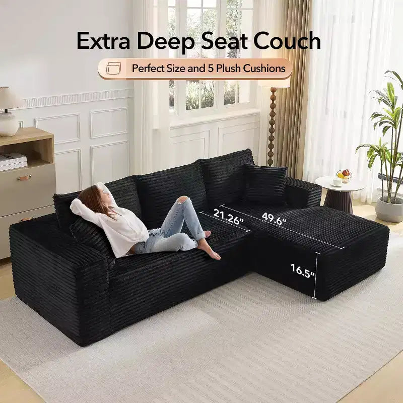 108'' L-Shaped Modular Sectional Sofa  Modern Corduroy Couch, Deep Soft Boneless Seat, Right Chaise, No Assembly, Living Room Furniture