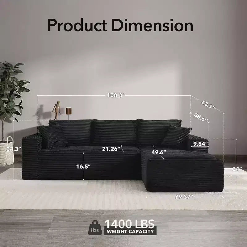 108'' L-Shaped Modular Sectional Sofa  Modern Corduroy Couch, Deep Soft Boneless Seat, Right Chaise, No Assembly, Living Room Furniture