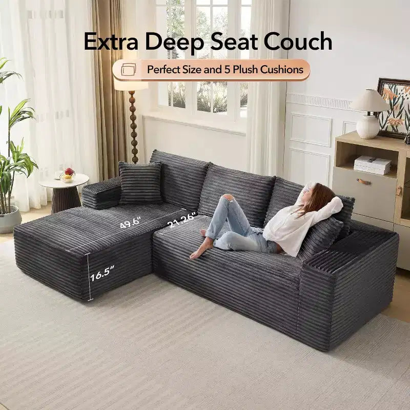 108'' L-Shaped Modular Sectional Sofa  Modern Corduroy Couch, Deep Soft Boneless Seat, Right Chaise, No Assembly, Living Room Furniture