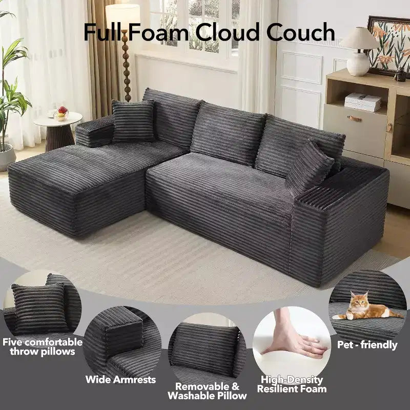 108'' L-Shaped Modular Sectional Sofa  Modern Corduroy Couch, Deep Soft Boneless Seat, Right Chaise, No Assembly, Living Room Furniture