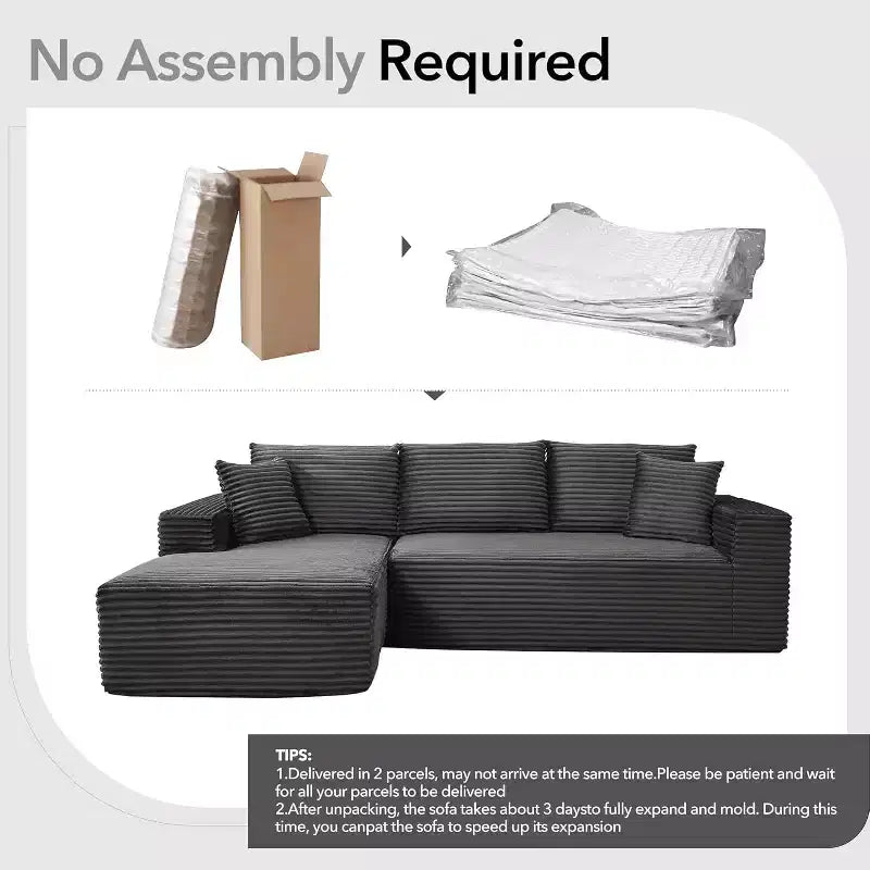 108'' L-Shaped Modular Sectional Sofa  Modern Corduroy Couch, Deep Soft Boneless Seat, Right Chaise, No Assembly, Living Room Furniture