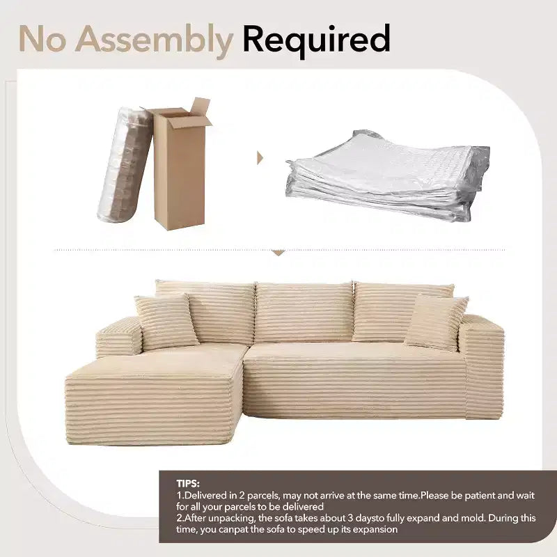 108'' L-Shaped Modular Sectional Sofa  Modern Corduroy Couch, Deep Soft Boneless Seat, Right Chaise, No Assembly, Living Room Furniture