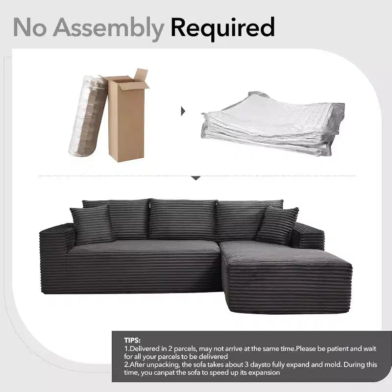 108'' L-Shaped Modular Sectional Sofa  Modern Corduroy Couch, Deep Soft Boneless Seat, Right Chaise, No Assembly, Living Room Furniture