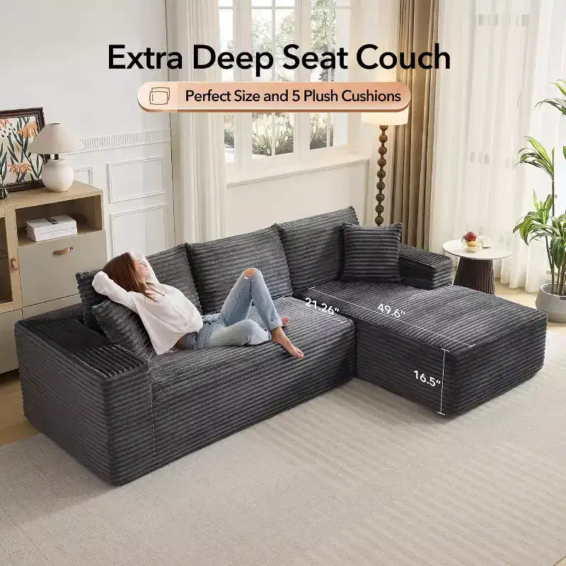 108'' L-Shaped Modular Sectional Sofa  Modern Corduroy Couch, Deep Soft Boneless Seat, Right Chaise, No Assembly, Living Room Furniture