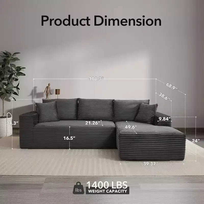 108'' L-Shaped Modular Sectional Sofa  Modern Corduroy Couch, Deep Soft Boneless Seat, Right Chaise, No Assembly, Living Room Furniture