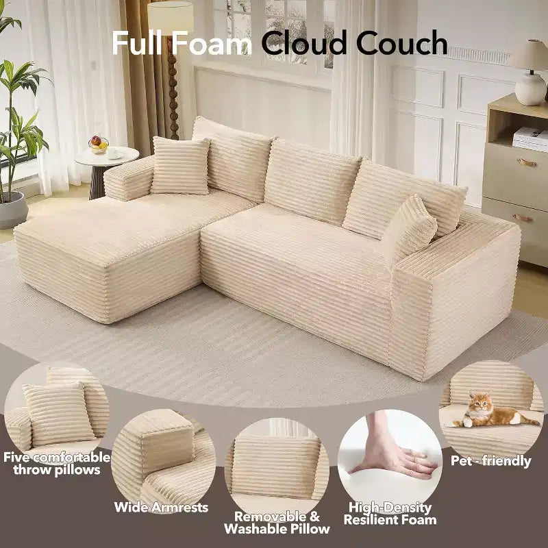 108'' L-Shaped Modular Sectional Sofa  Modern Corduroy Couch, Deep Soft Boneless Seat, Right Chaise, No Assembly, Living Room Furniture