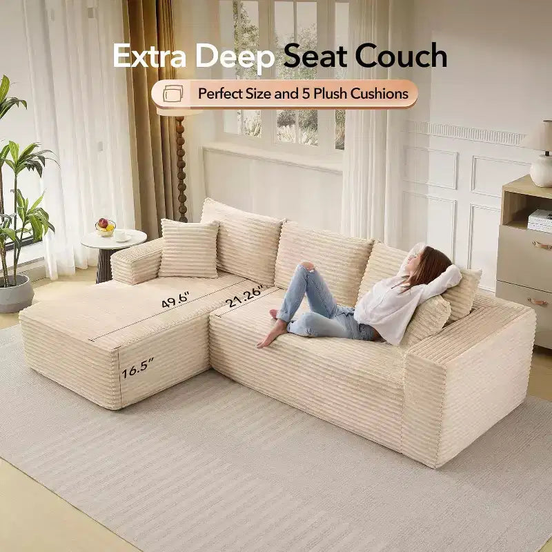 108'' L-Shaped Modular Sectional Sofa  Modern Corduroy Couch, Deep Soft Boneless Seat, Right Chaise, No Assembly, Living Room Furniture