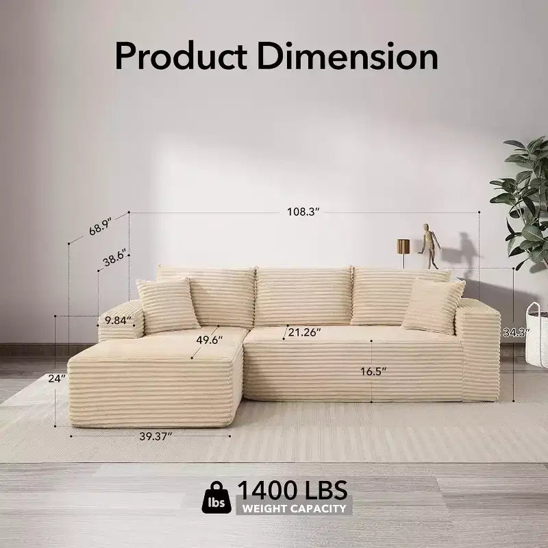 108'' L-Shaped Modular Sectional Sofa  Modern Corduroy Couch, Deep Soft Boneless Seat, Right Chaise, No Assembly, Living Room Furniture