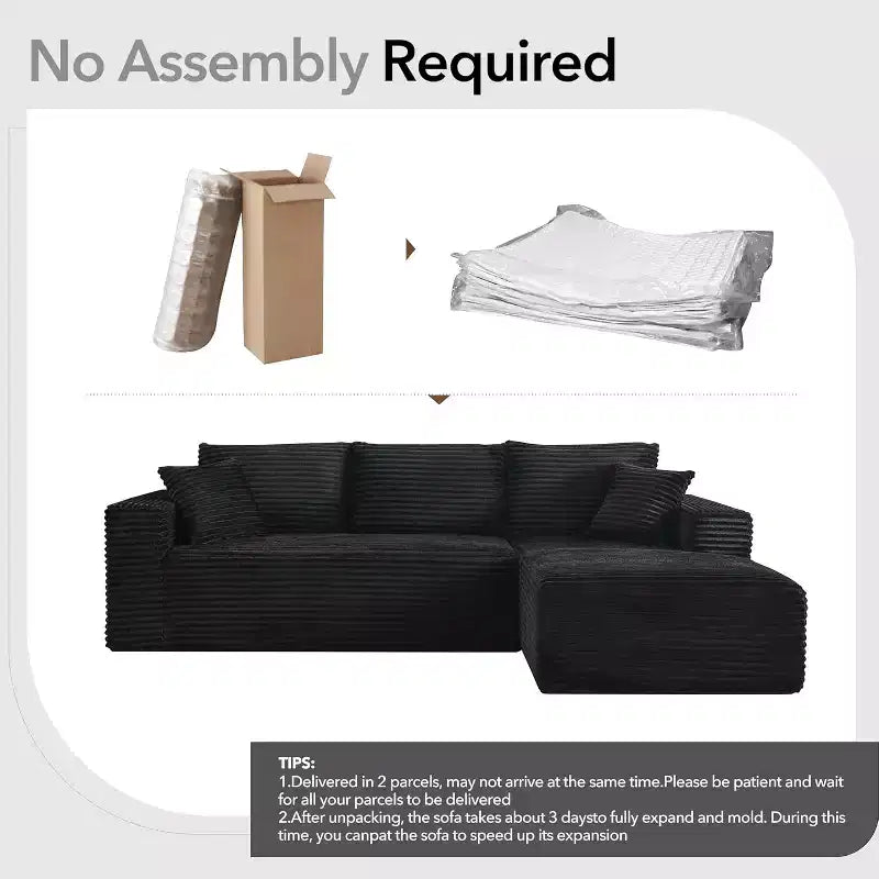 108'' L-Shaped Modular Sectional Sofa  Modern Corduroy Couch, Deep Soft Boneless Seat, Right Chaise, No Assembly, Living Room Furniture