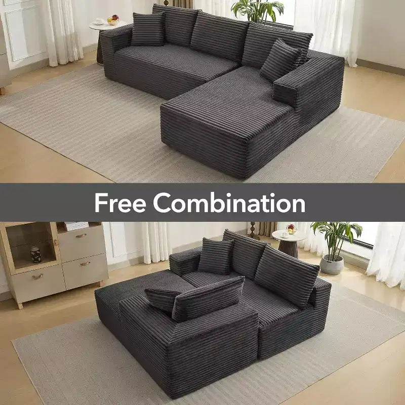 108'' L-Shaped Modular Sectional Sofa  Modern Corduroy Couch, Deep Soft Boneless Seat, Right Chaise, No Assembly, Living Room Furniture