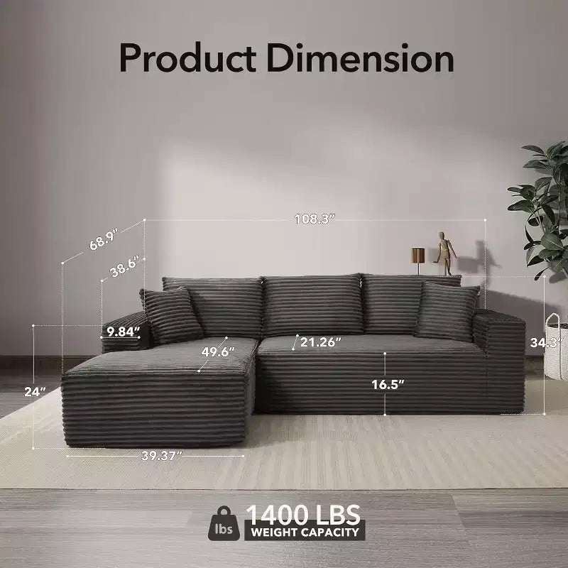 108'' L-Shaped Modular Sectional Sofa  Modern Corduroy Couch, Deep Soft Boneless Seat, Right Chaise, No Assembly, Living Room Furniture