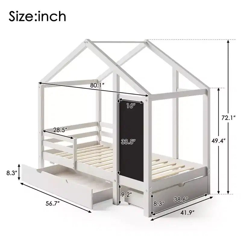 Luxystar House Bed With 2 Large Drawers, Chalkboard and Fence, White