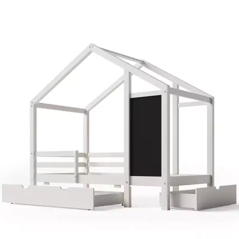 Luxystar House Bed With 2 Large Drawers, Chalkboard and Fence, White
