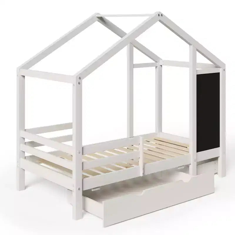 Luxystar House Bed With 2 Large Drawers, Chalkboard and Fence, White