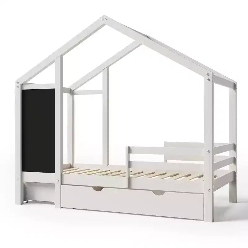 Luxystar House Bed With 2 Large Drawers, Chalkboard and Fence, White