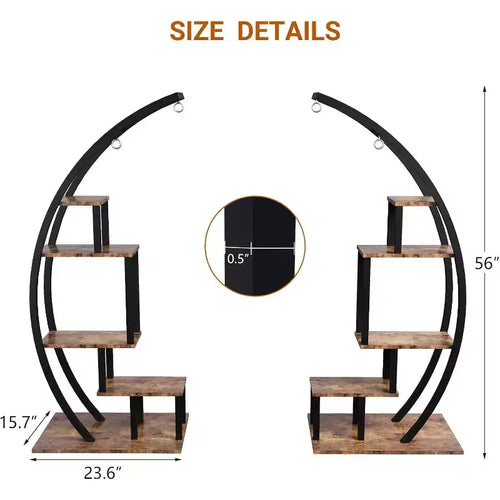 Étagère à Plantes d'Intérieur Haute en Métal à 5 Niveaux, Support de Jardin Semi-circulaire avec 4 Crochets Suspendus, Présentoir à Fleurs Rond pour la Maison, le Balcon, le Salon et le Jardin