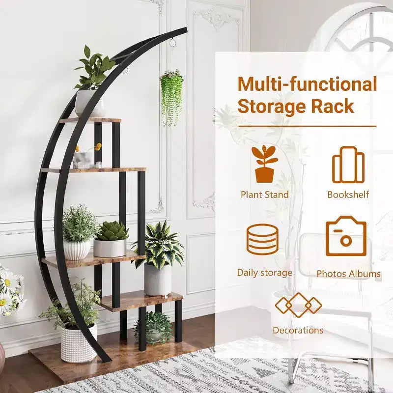 5-Tier Tall Metal Indoor Plant Stand,Half-Moon Garden Plant Holder with 4 Hanging Hooks,Round Flower Shelf Rack for Home,Balcony,Living Room & Garden
