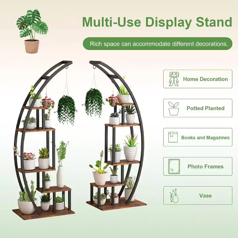 5-Tier Tall Metal Indoor Plant Stand,Half-Moon Garden Plant Holder with 4 Hanging Hooks,Round Flower Shelf Rack for Home,Balcony,Living Room & Garden