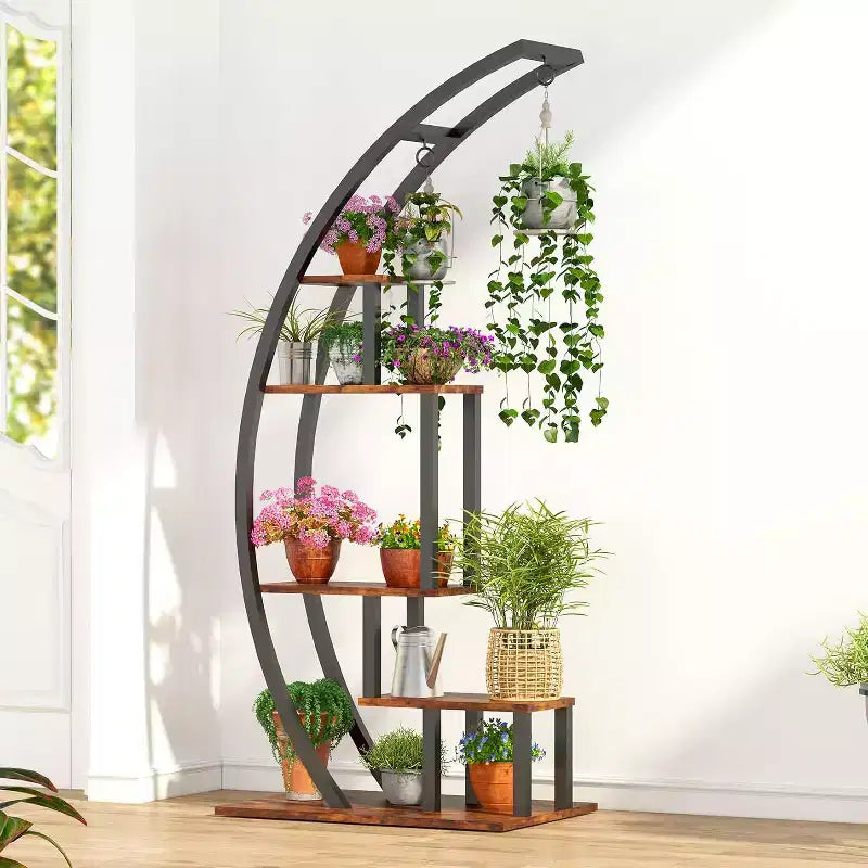 5-Tier Tall Metal Indoor Plant Stand,Half-Moon Garden Plant Holder with 4 Hanging Hooks,Round Flower Shelf Rack for Home,Balcony,Living Room & Garden