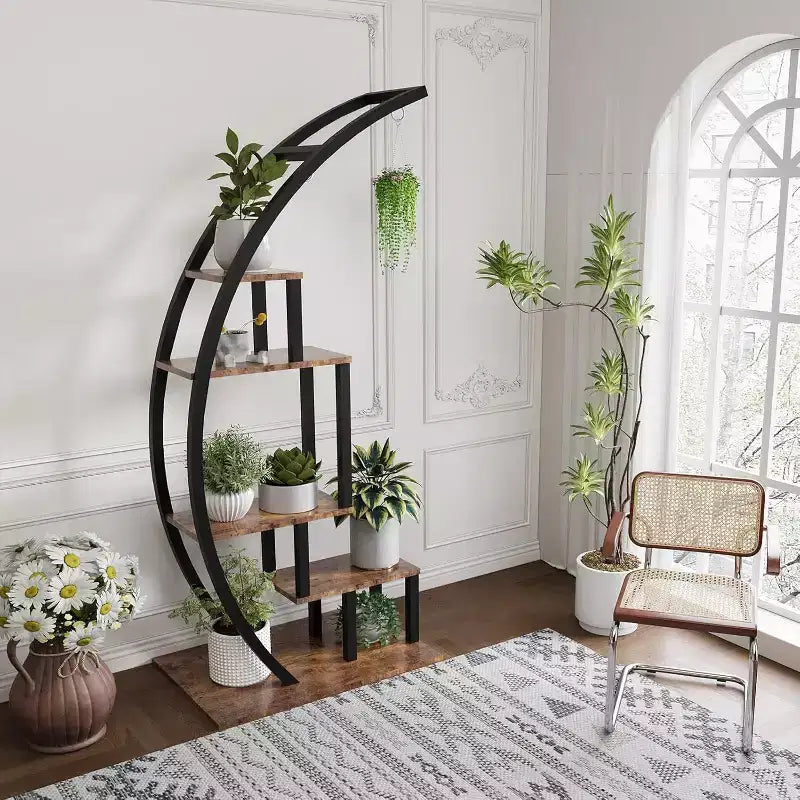 5-Tier Tall Metal Indoor Plant Stand,Half-Moon Garden Plant Holder with 4 Hanging Hooks,Round Flower Shelf Rack for Home,Balcony,Living Room & Garden
