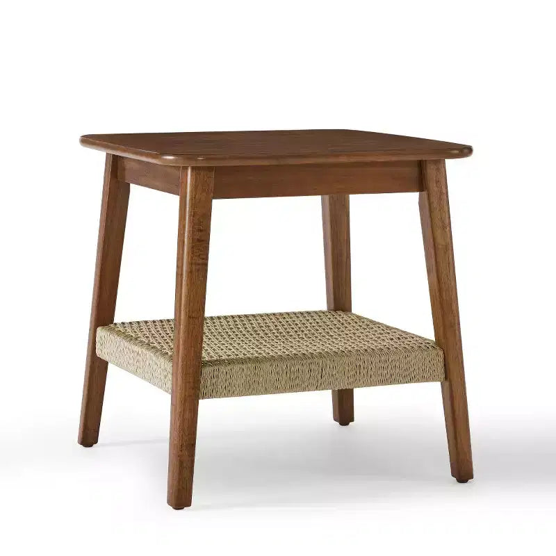 23 Mid-Century Square End Table with Woven Open Shelf, Solid Wood Legs, 2-Tier Side Table for Living Room, Bedroom, or Office-Panipeachy