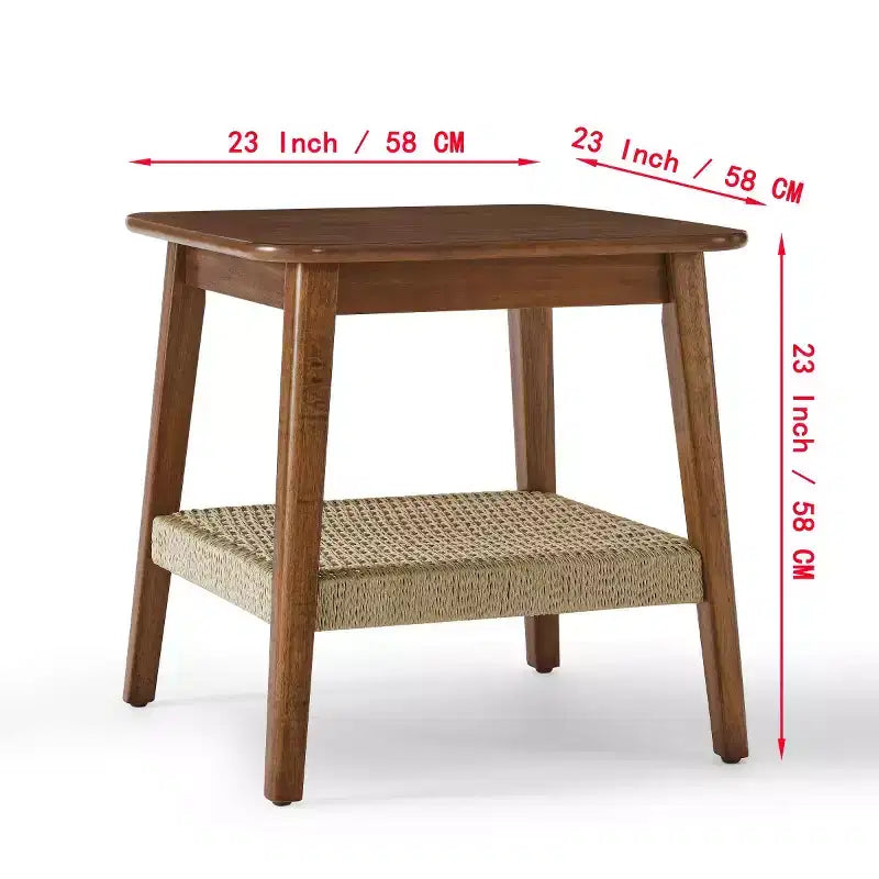 23 Mid-Century Square End Table with Woven Open Shelf, Solid Wood Legs, 2-Tier Side Table for Living Room, Bedroom, or Office-Panipeachy
