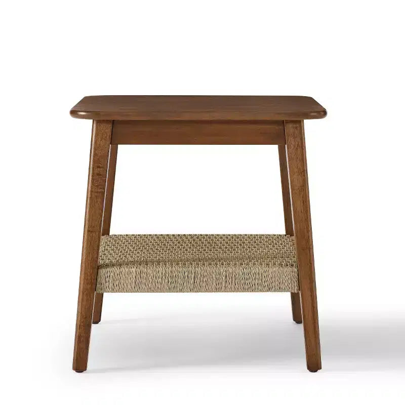 23 Mid-Century Square End Table with Woven Open Shelf, Solid Wood Legs, 2-Tier Side Table for Living Room, Bedroom, or Office-Panipeachy