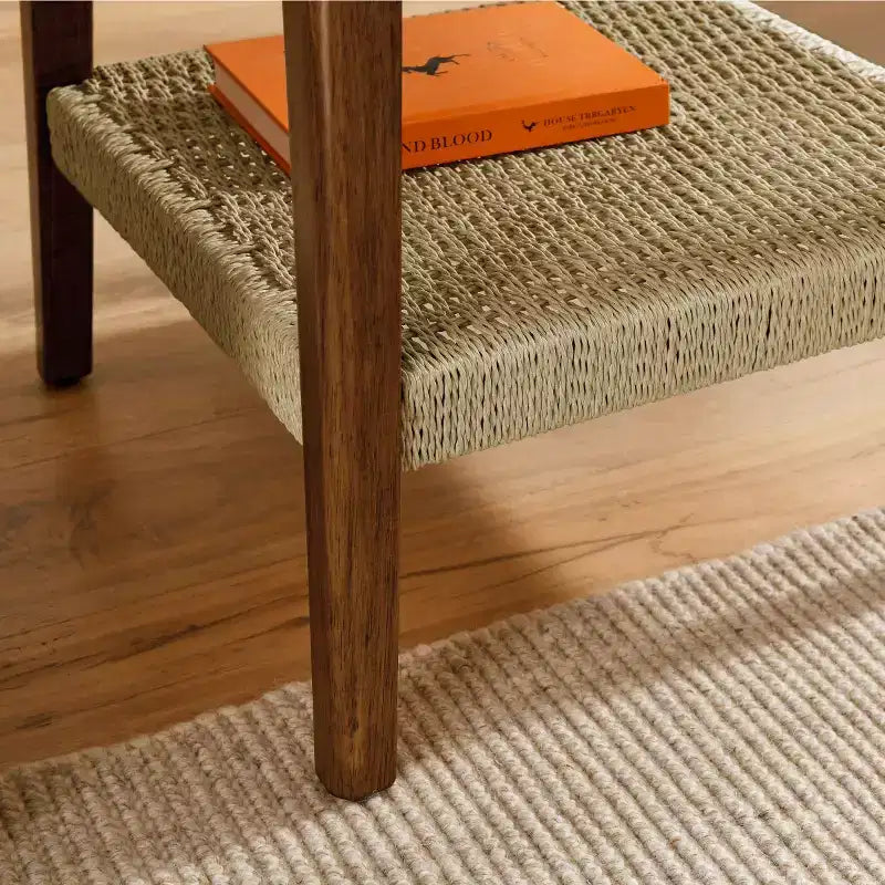 23 Mid-Century Square End Table with Woven Open Shelf, Solid Wood Legs, 2-Tier Side Table for Living Room, Bedroom, or Office-Panipeachy