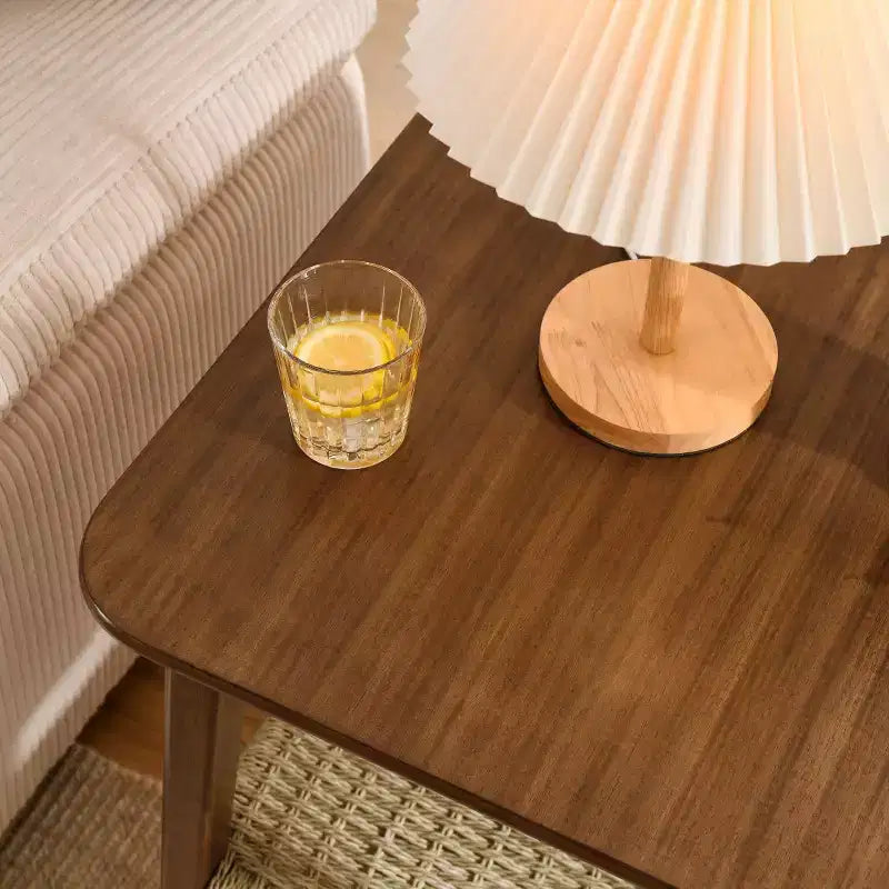 23 Mid-Century Square End Table with Woven Open Shelf, Solid Wood Legs, 2-Tier Side Table for Living Room, Bedroom, or Office-Panipeachy