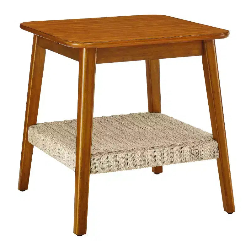 23 Mid-Century Square End Table with Woven Open Shelf, Solid Wood Legs, 2-Tier Side Table for Living Room, Bedroom, or Office-Panipeachy