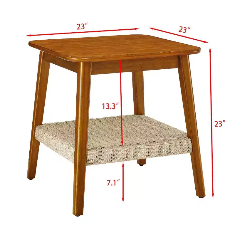 23 Mid-Century Square End Table with Woven Open Shelf, Solid Wood Legs, 2-Tier Side Table for Living Room, Bedroom, or Office-Panipeachy