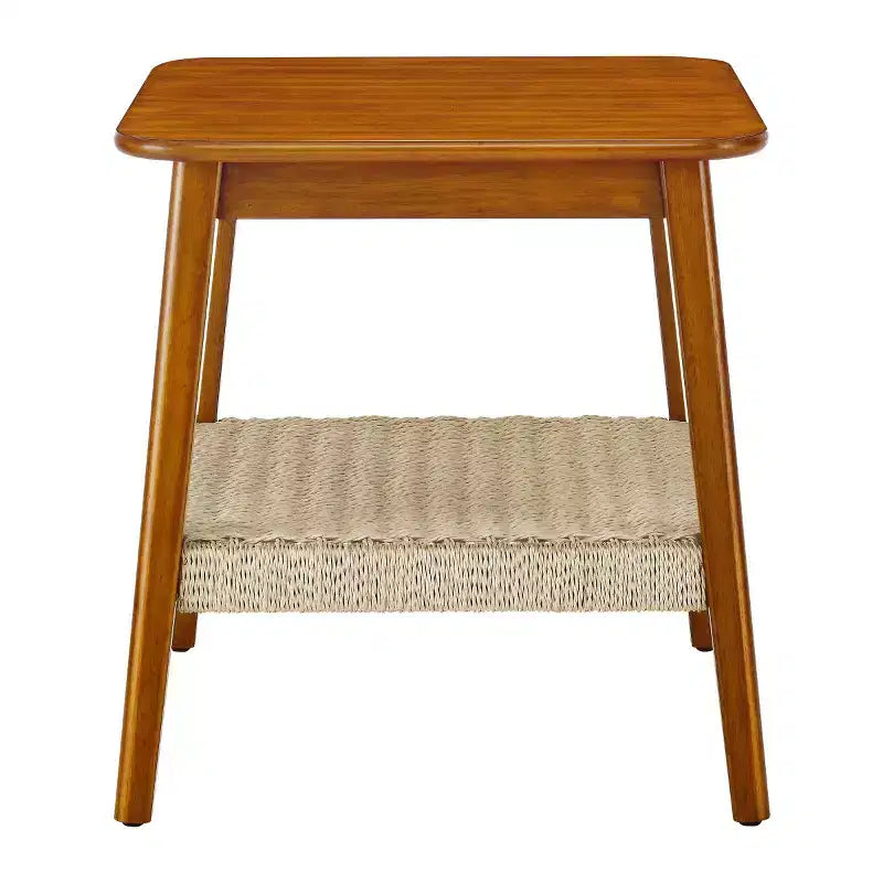 23 Mid-Century Square End Table with Woven Open Shelf, Solid Wood Legs, 2-Tier Side Table for Living Room, Bedroom, or Office-Panipeachy