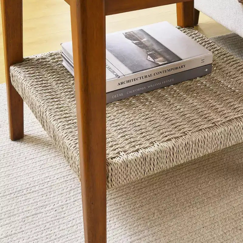 23 Mid-Century Square End Table with Woven Open Shelf, Solid Wood Legs, 2-Tier Side Table for Living Room, Bedroom, or Office-Panipeachy
