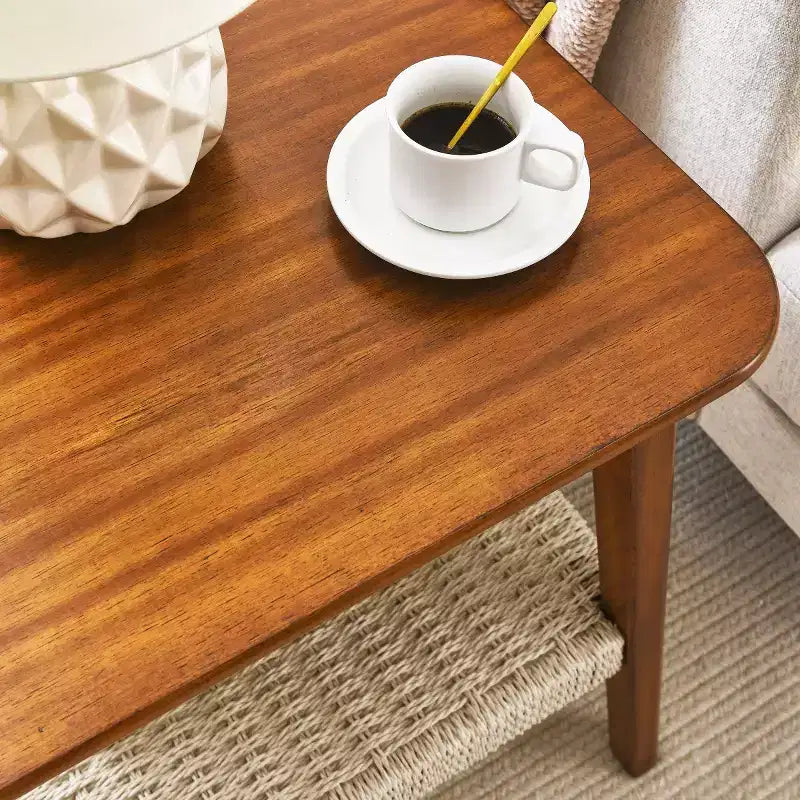 23 Mid-Century Square End Table with Woven Open Shelf, Solid Wood Legs, 2-Tier Side Table for Living Room, Bedroom, or Office-Panipeachy