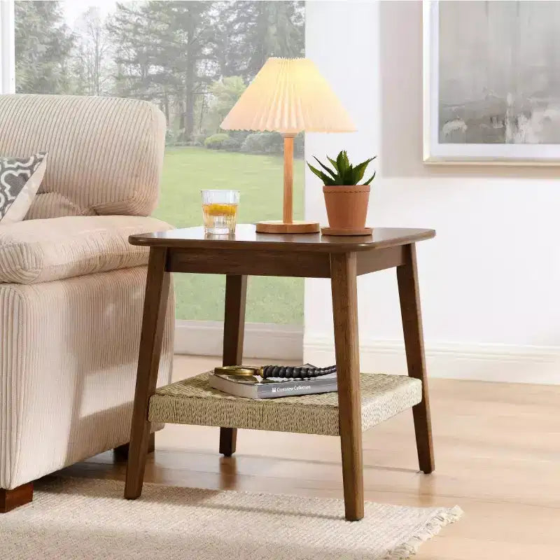 23 Mid-Century Square End Table with Woven Open Shelf, Solid Wood Legs, 2-Tier Side Table for Living Room, Bedroom, or Office-Panipeachy