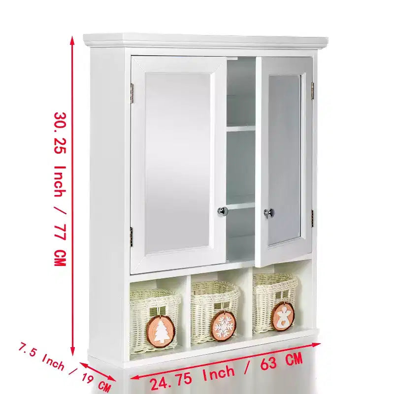 GDFStudio Taemin Modern Wooden Bathroom Storage Cabinet with Mirror, 2 Doors and 3 Plastic Baskets
