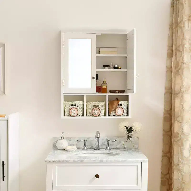 GDFStudio Taemin Modern Wooden Bathroom Storage Cabinet with Mirror, 2 Doors and 3 Plastic Baskets