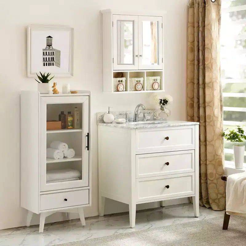 GDFStudio Taemin Modern Wooden Bathroom Storage Cabinet with Mirror, 2 Doors and 3 Plastic Baskets