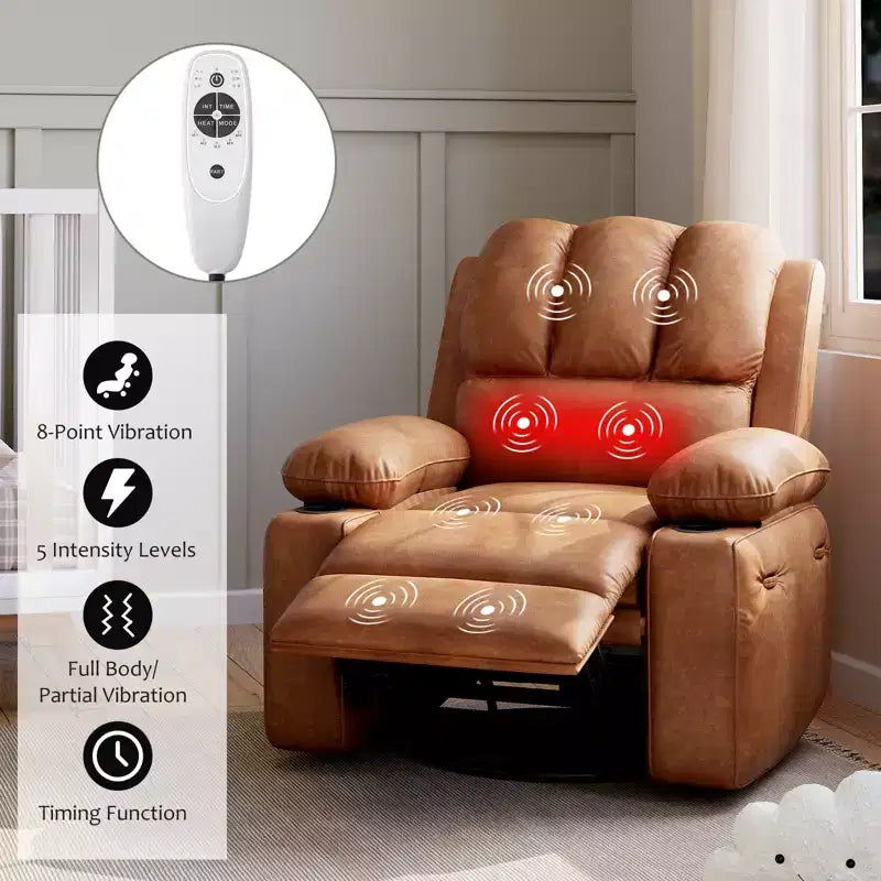 360 Swivel Recliner Chair with Massage  PU Leather Manual Reclining Sofa, Cup Holders & Side Pocket, for Living Room
