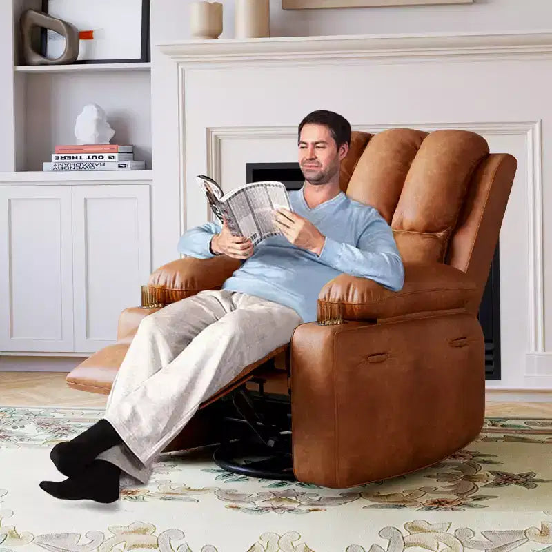 360 Swivel Recliner Chair with Massage  PU Leather Manual Reclining Sofa, Cup Holders & Side Pocket, for Living Room