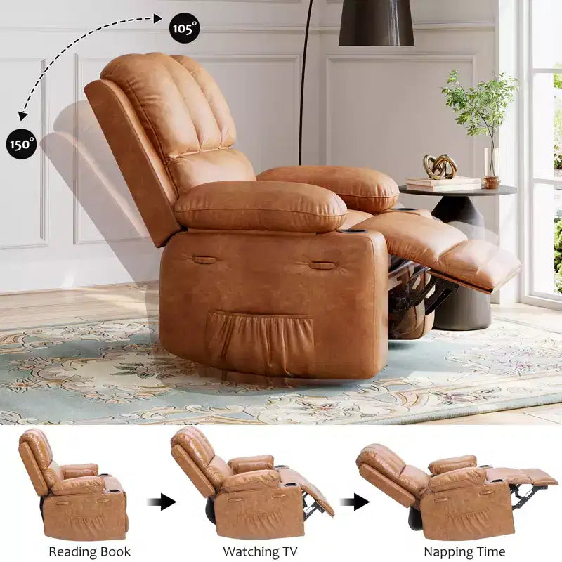 360 Swivel Recliner Chair with Massage  PU Leather Manual Reclining Sofa, Cup Holders & Side Pocket, for Living Room