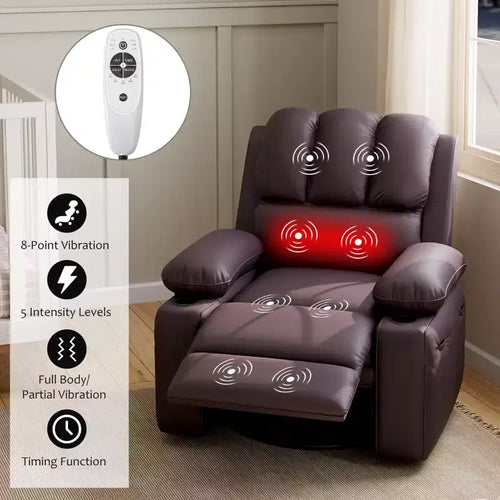 Fauteuil inclinable pivotant à 360° avec massage, canapé inclinable manuel en cuir PU, porte-gobelets et poche latérale, pour salon