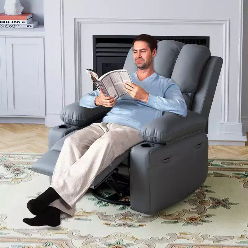Fauteuil inclinable pivotant à 360° avec massage, canapé inclinable manuel en cuir PU, porte-gobelets et poche latérale, pour salon