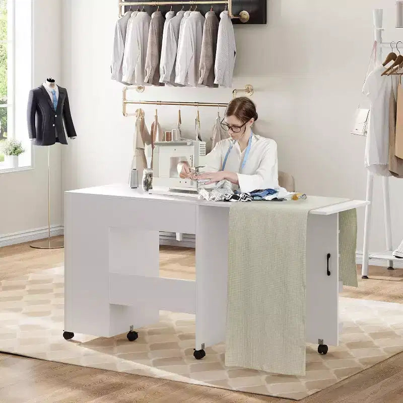 Folding Sewing Machine Cabinet with Wheels, Space-Saving Craft Table with Storage Shelves & Drawer, Rolling Organizer Desk for Bedroom, Small Spaces