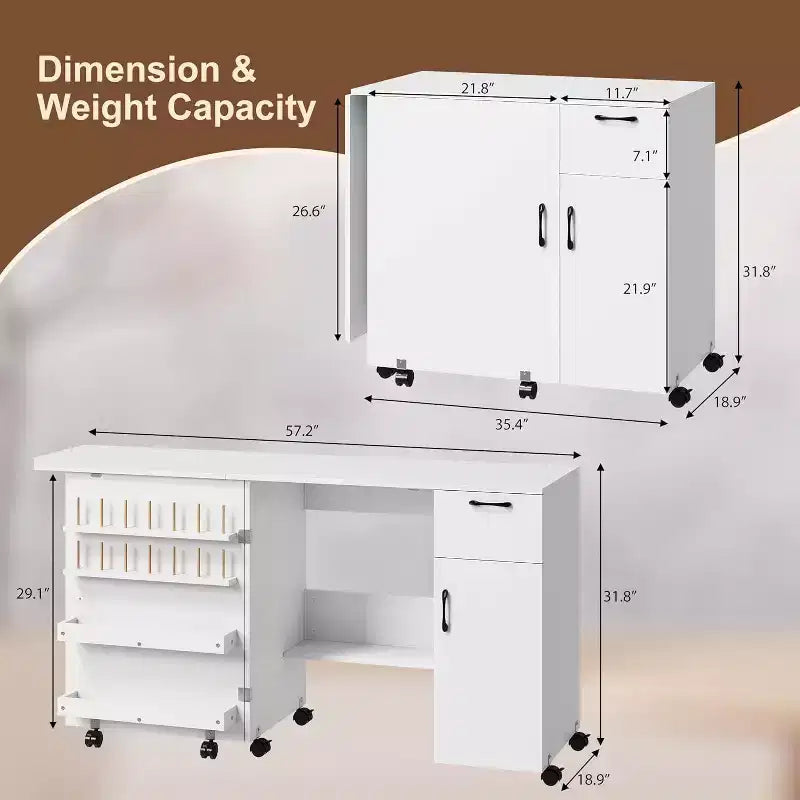 Folding Sewing Machine Cabinet with Wheels, Space-Saving Craft Table with Storage Shelves & Drawer, Rolling Organizer Desk for Bedroom, Small Spaces