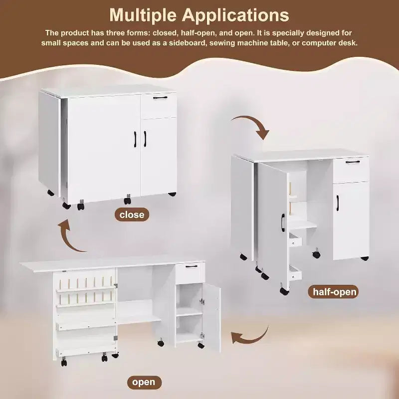 Folding Sewing Machine Cabinet with Wheels, Space-Saving Craft Table with Storage Shelves & Drawer, Rolling Organizer Desk for Bedroom, Small Spaces